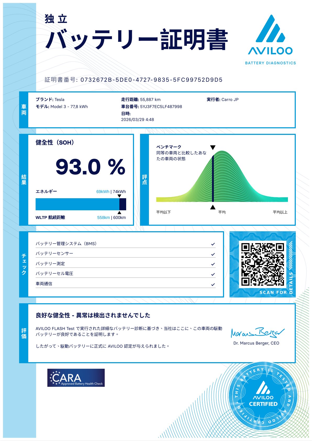 Tesla Model 3 診断書サンプル（SoH 93.0%）