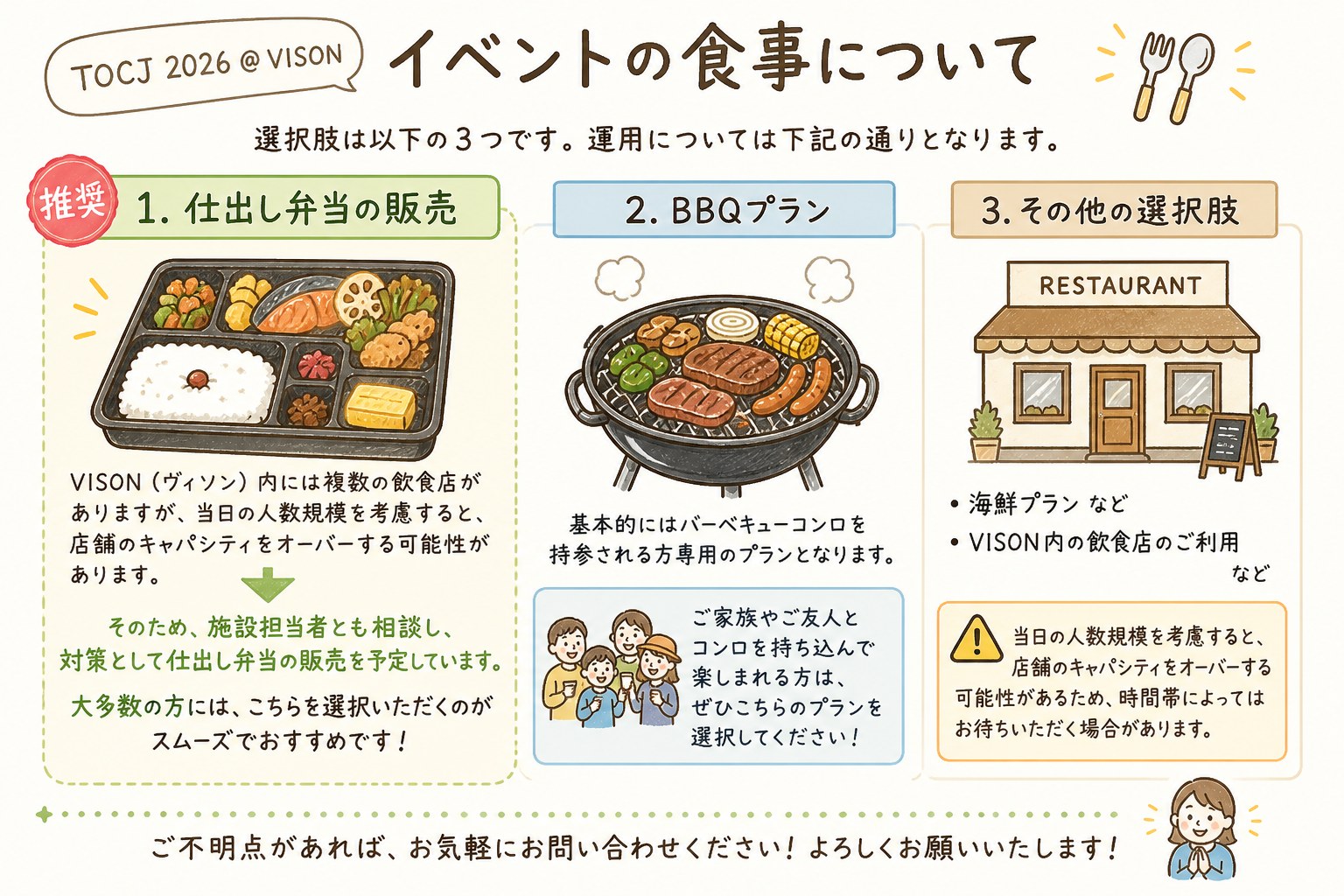イベントの食事について：仕出し弁当（推奨）／BBQプラン／その他の選択肢