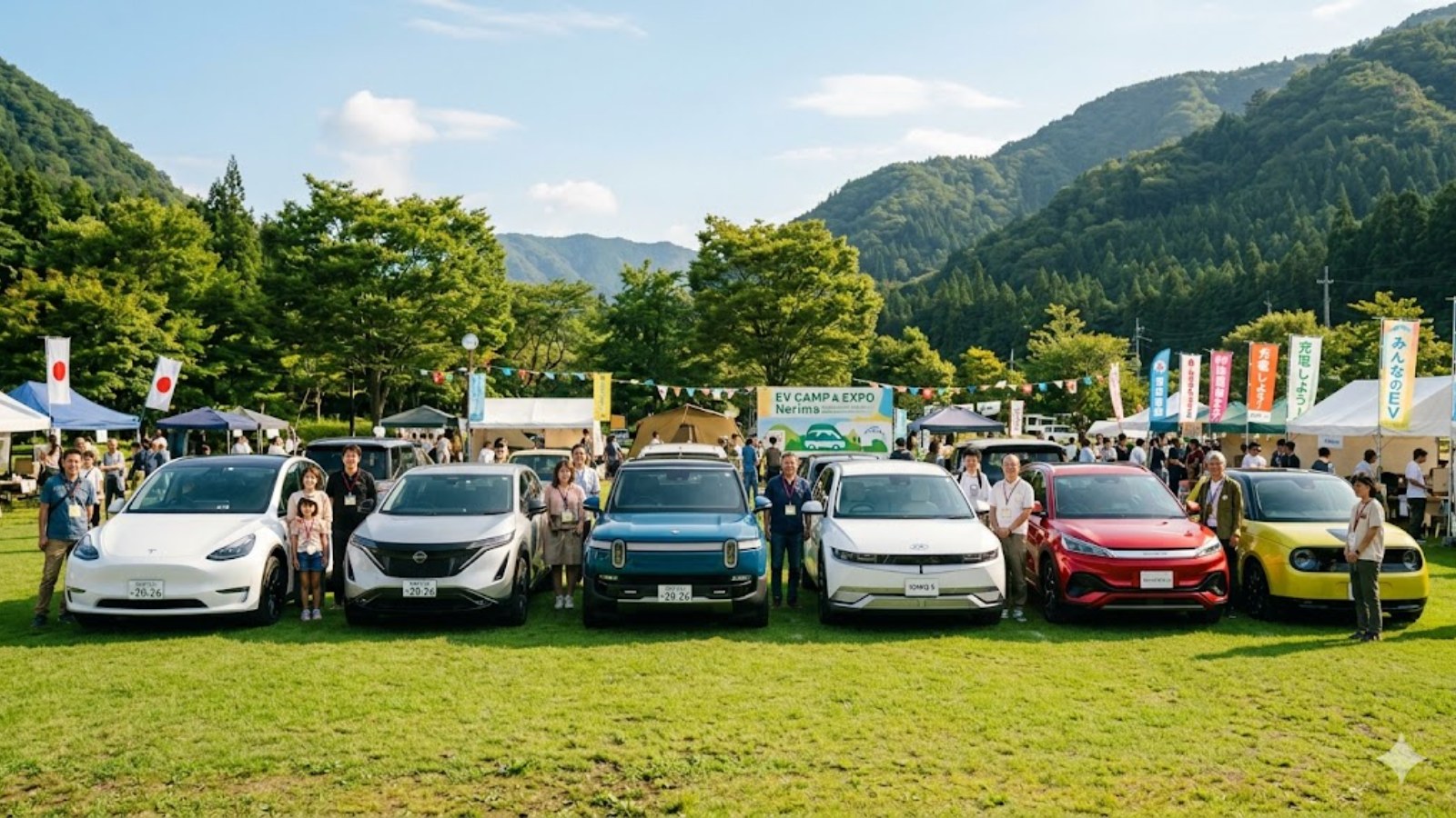 夕暮れの焚き火を囲む多様なEVオーナー